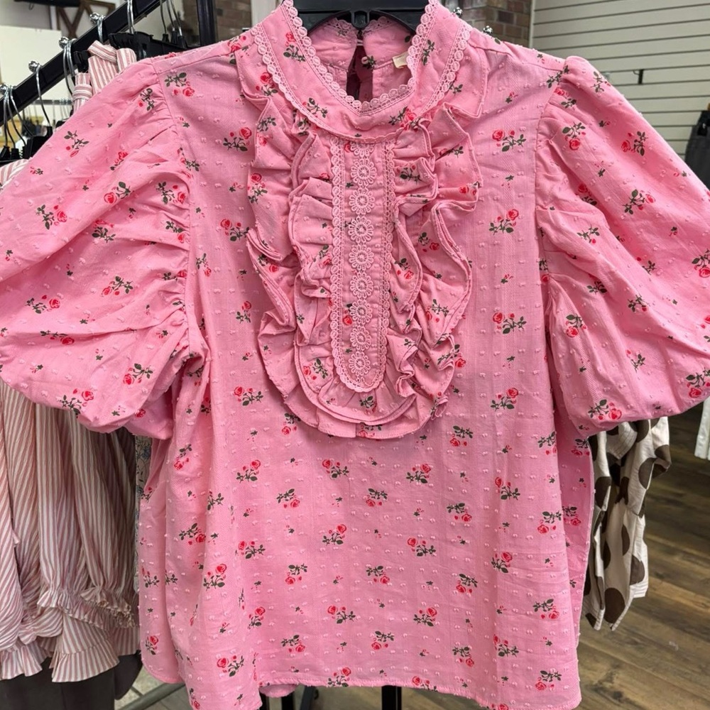 Pink Floral Ruffle Front Puff Sleeve Blouse - Picture 7 of 7